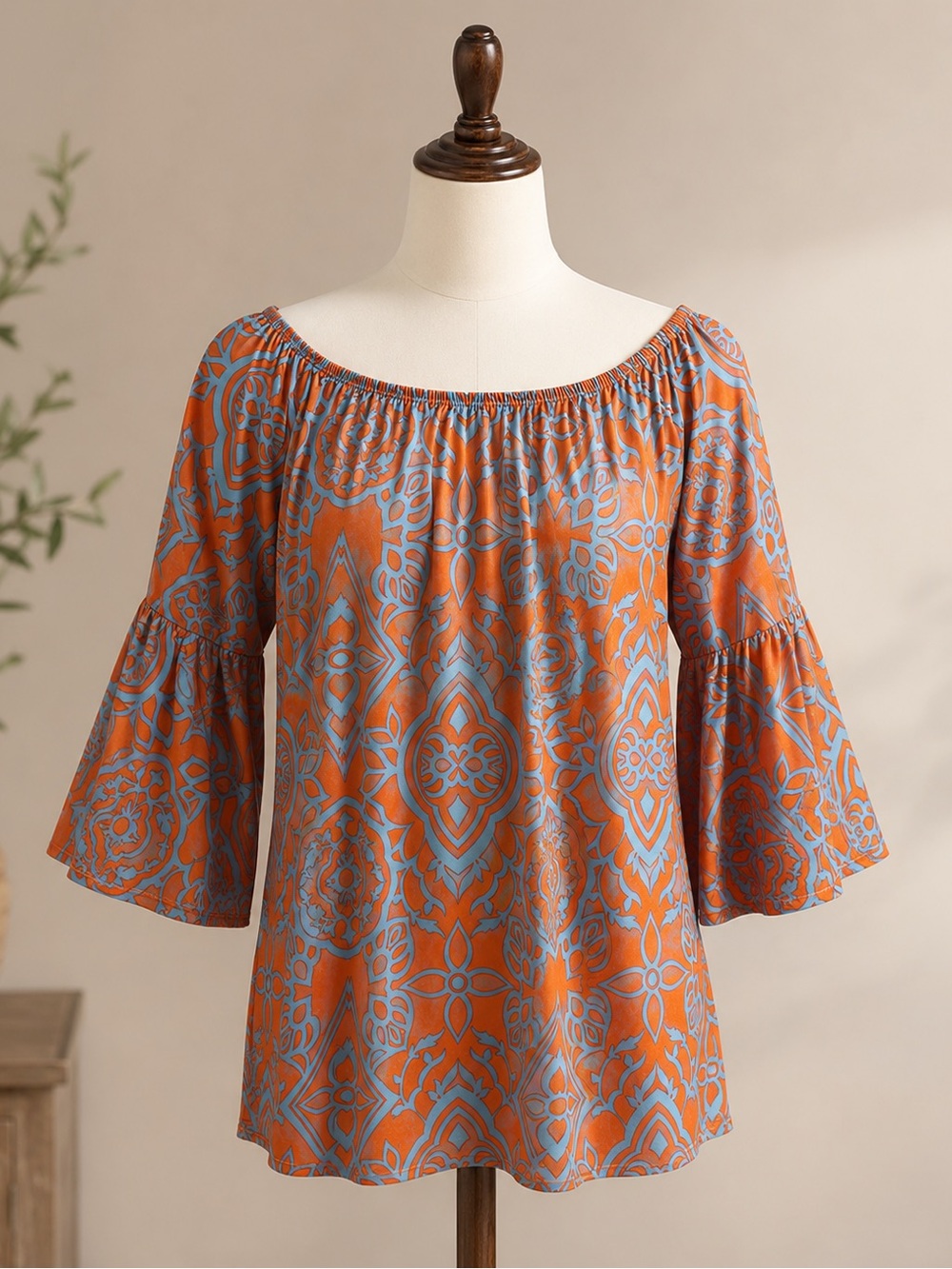 Women's Orange Patterned Off-Shoulder Top